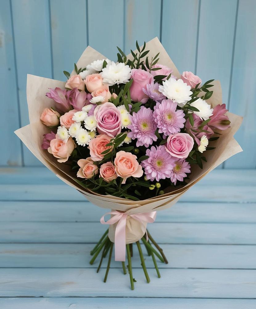 Букет цветов из: Хризантемы, Розы и Альстромерии в Берёзово