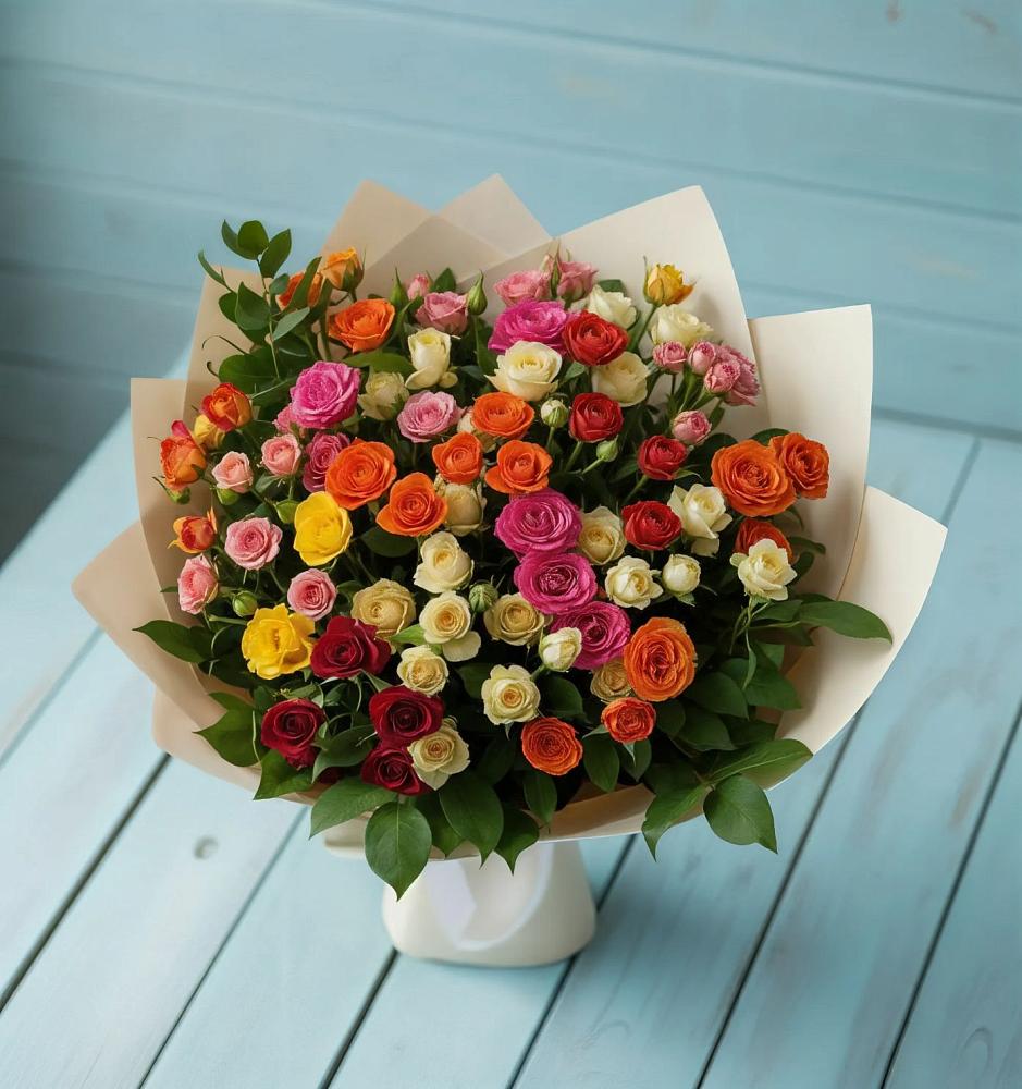 Букет Микс из разноцветных кустовых роз в Берёзово