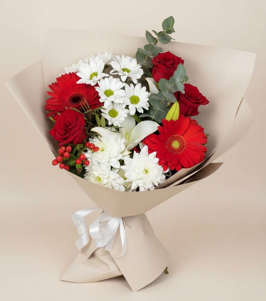 Букет цветов из: Розы, Хризантемы, Герберы и Лилии в Берёзово