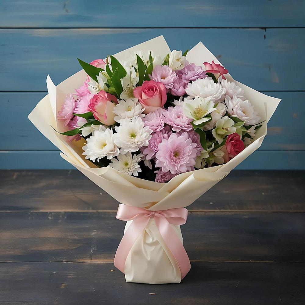 Букет цветов из: Хризантемы, Альстромерии и Розы в Берёзово